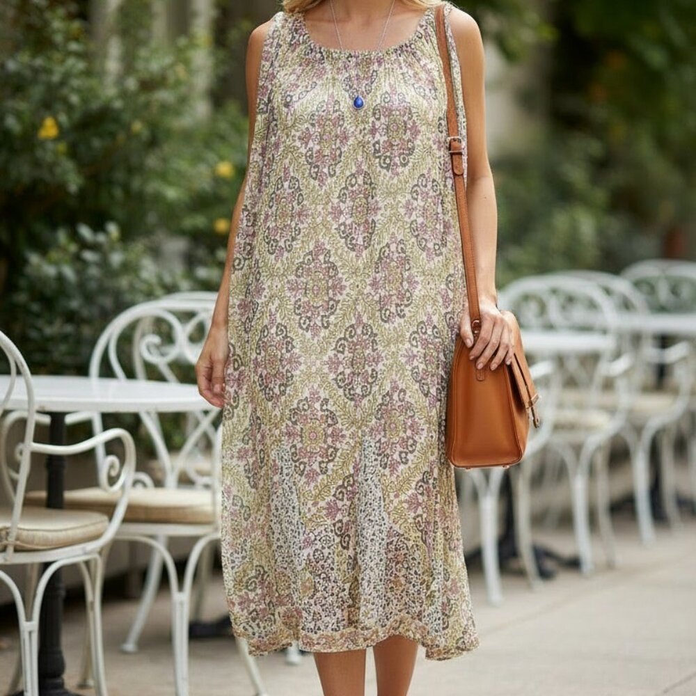 Anthropologie Rina Dhaka Dress Silk Floral Beads Green Pink  (L)